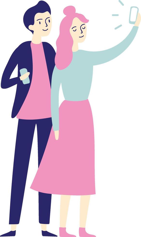 Young woman with pink hair taking a selfie with smartphone while a man next to her is holding a mobile phone, colorful illustration on white background vector