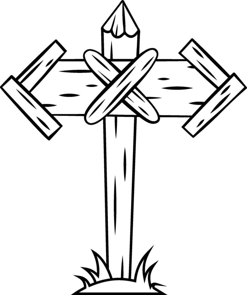 Wooden signpost with crossed planks and pencil on top, planted on grass patch, symbolizing no way forward and cancelled plans vector