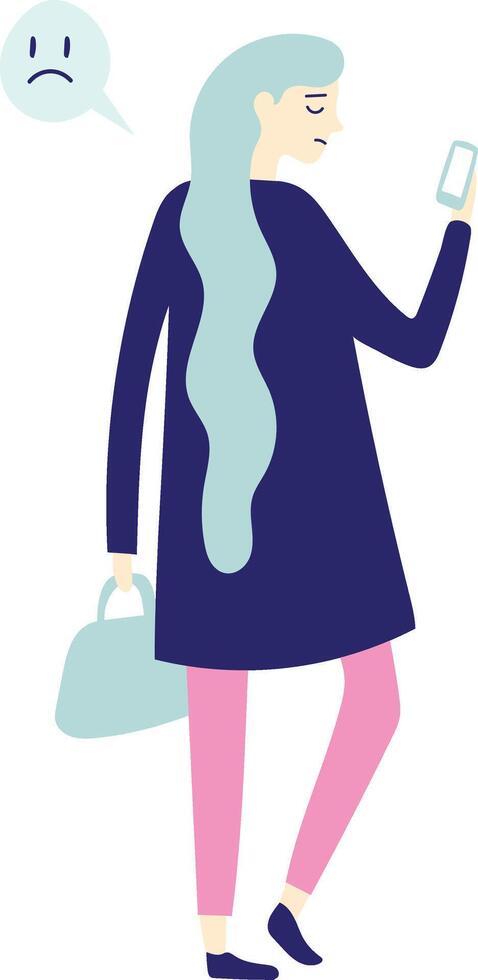 Sad woman with long blue hair and pink pants holding a handbag and reading bad news on a mobile phone with a sad face in a speech bubble vector