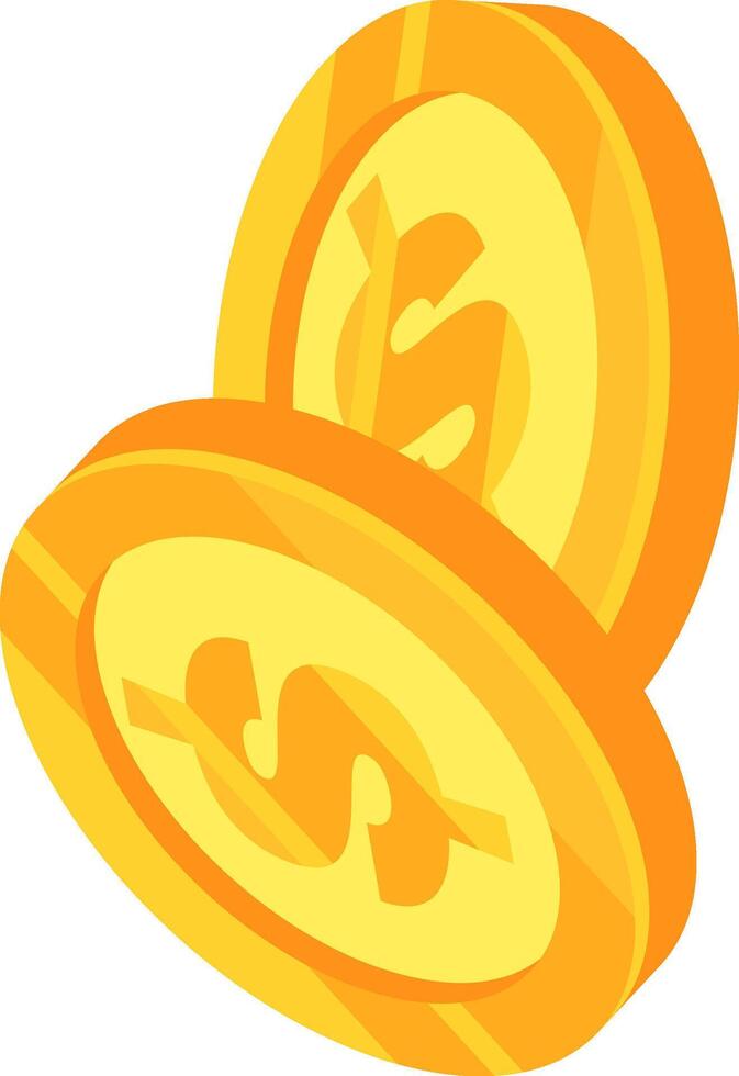 Two shiny gold coins are rotating, displaying the dollar symbol, representing concepts of wealth, investment, savings, and financial success vector