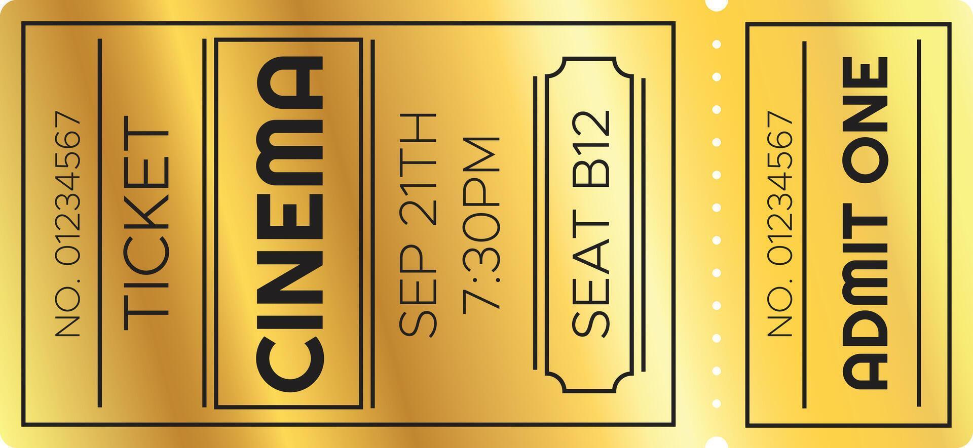 Golden cinema ticket for seat b12 admitting one person to the movie theater on september 21th at 7,30 pm, offering access to entertainment and cinematic experience vector