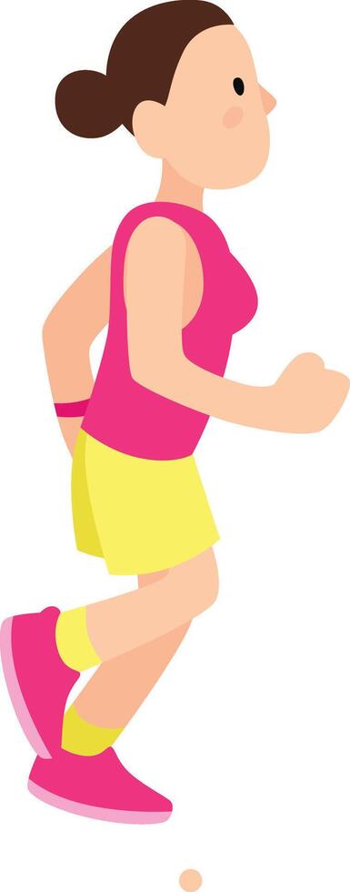 Young woman running wearing pink and yellow sportswear, promoting healthy lifestyle, fitness, and weight loss through regular exercise vector
