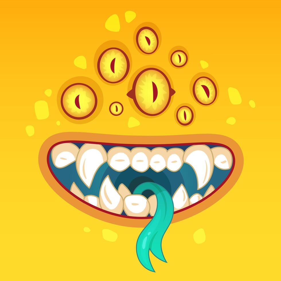 Colorful cartoon of a funny monster face with many eyes, big teeth, and a turquoise tongue, perfect for halloween or fantasy designs vector