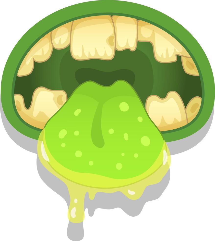 Cartoon illustration of a green monster mouth with its slimy tongue sticking out, teeth showing, and saliva dripping, perfect for halloween projects vector
