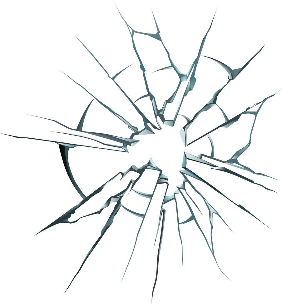 Cracked glass with a hole in center is radiating cracks outwards, creating a dramatic visual effect against a clean white backdrop, perfect for illustrating concepts of damage, stress, or impact vector