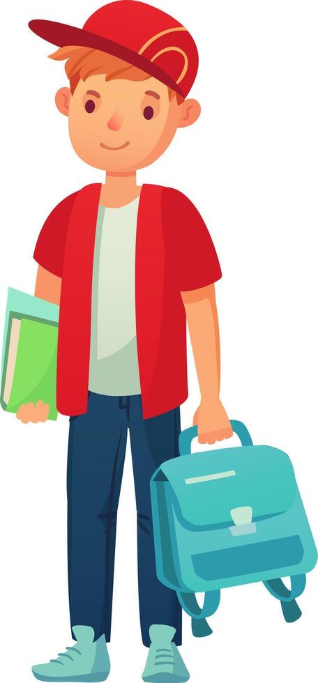 Excited student ready for school day with book and backpack, wearing red cap and smiling vector
