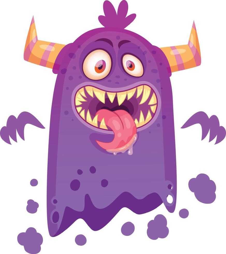 Funny purple cartoon monster sticking its tongue out, showing sharp teeth and open mouth, with orange and yellow horns and purple spots, ideal for halloween projects vector