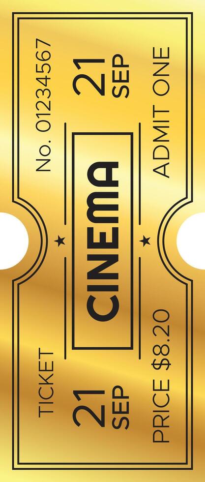 Golden cinema ticket for a movie showing on september 21st, offering admission for one person to enjoy a cinematic experience vector