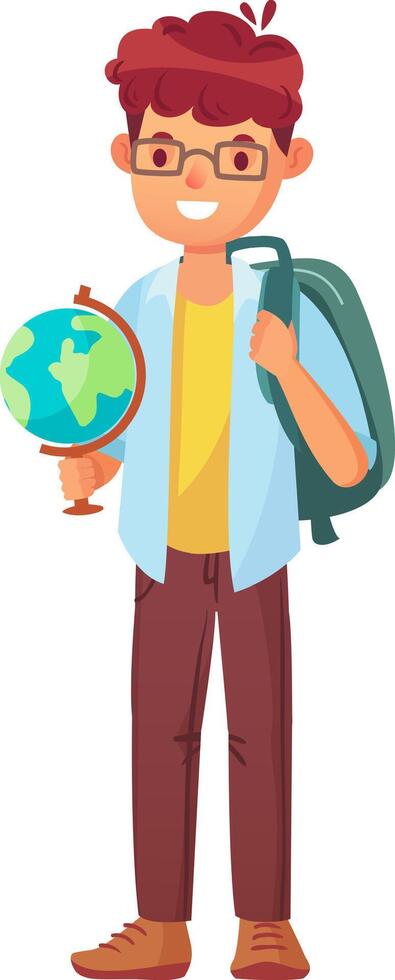 Geography student holding globe and wearing backpack is smiling and ready for class, showing interest in world affairs and cultural exchange vector