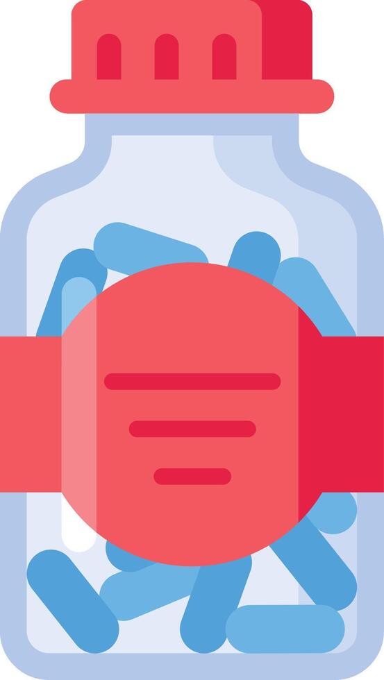 Transparent glass medicine bottle containing blue capsules with a red label featuring blank lines for prescription information, representing pharmaceutical products and healthcare vector
