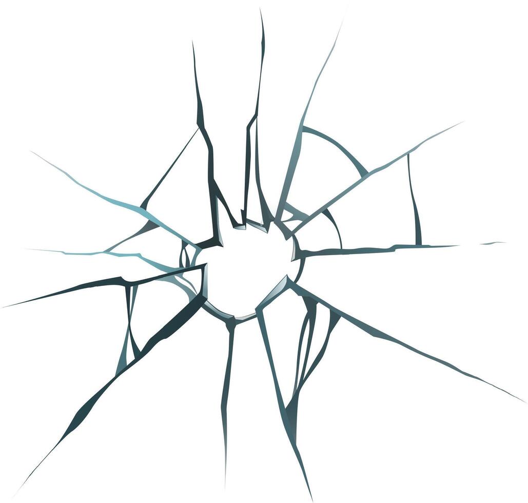 Cracks radiating from a hole in a broken glass surface create a dramatic visual, symbolizing damage, fragility, and the aftermath of impact vector