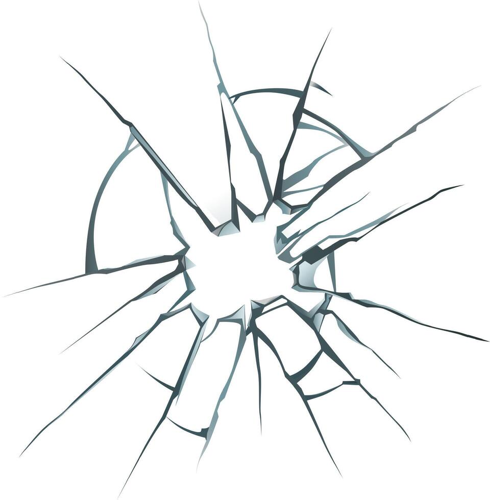 Broken glass featuring radial cracks emanating from a central hole, creating a dramatic visual effect against a white background, suitable for various design applications vector