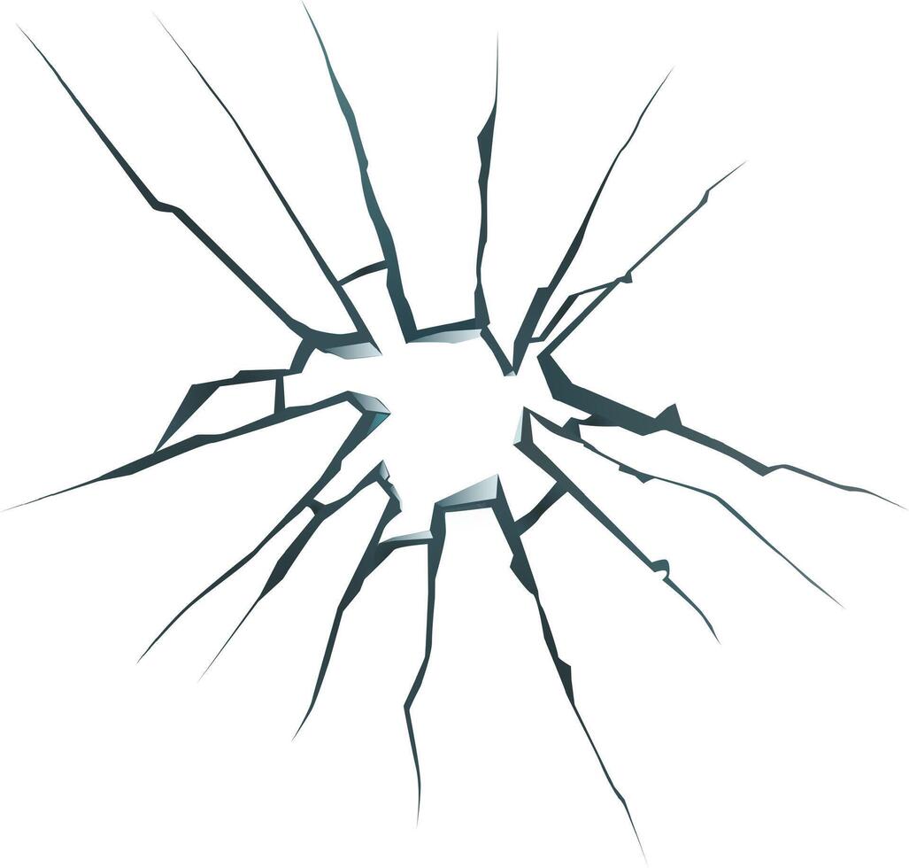 Sharp cracks radiating outwards from a hole in a broken pane of glass creating a dramatic and dangerous image of damage and destruction on white background vector