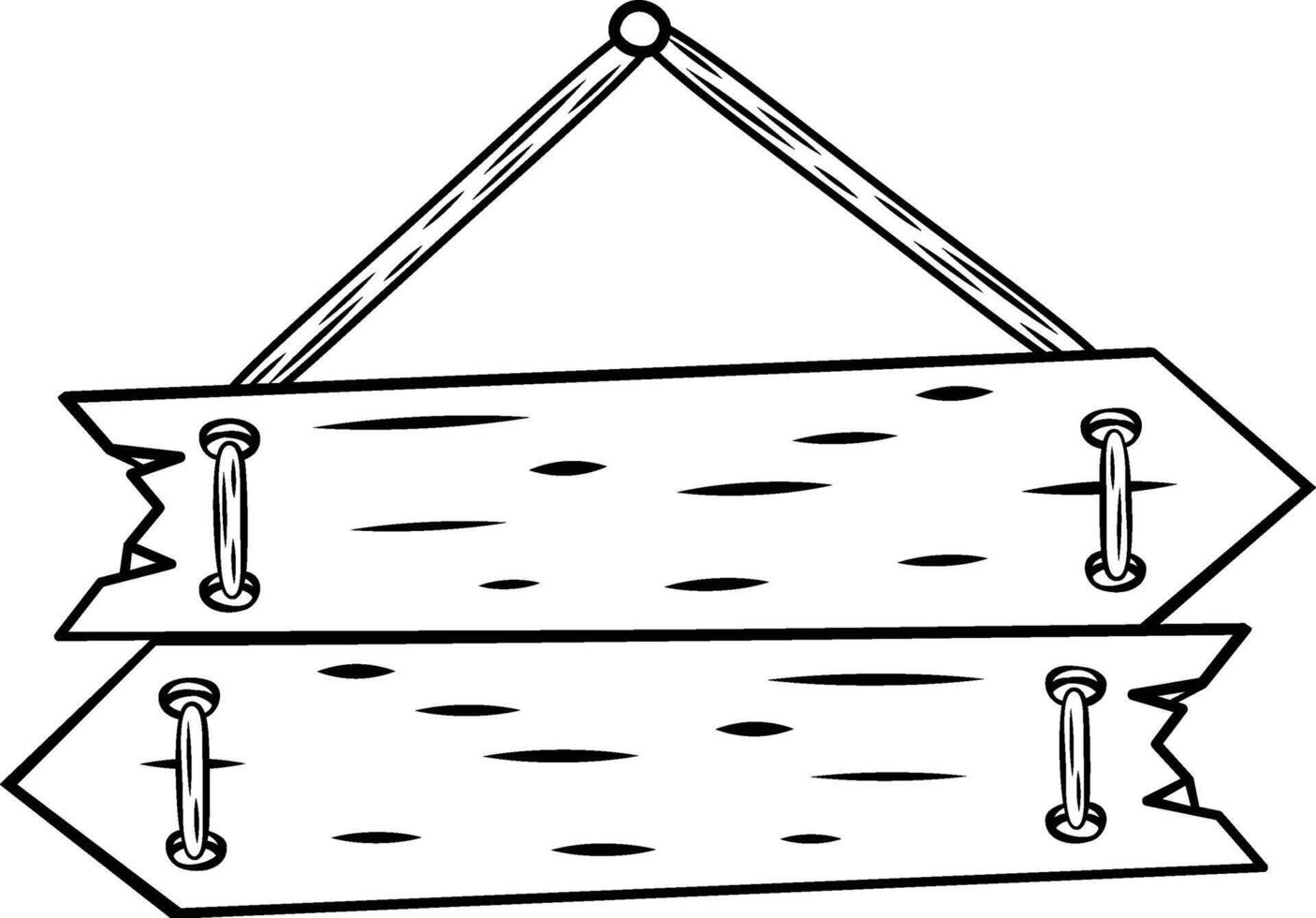 Two weathered wooden arrow signs hanging from a rope, pointing in opposite directions, offering a simple yet evocative representation of choice, decision making, and opposing forces vector