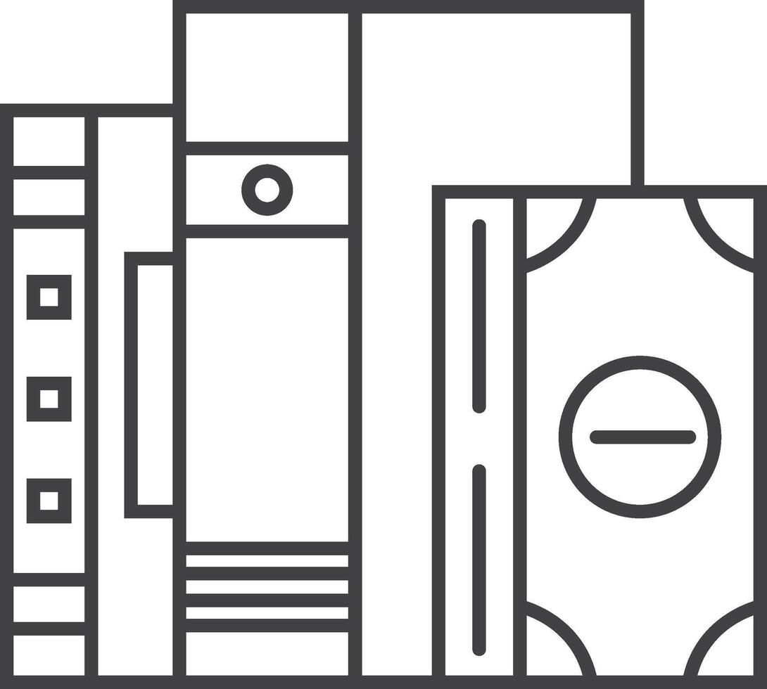 Line drawing of office supplies such as binders, files, and folders, alongside a stylized banknote symbolizing budgeting and business expenses vector