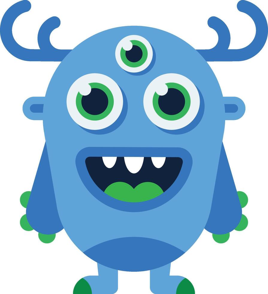 Friendly, cartoonish blue monster with three eyes, antlers, and a wide, toothy grin stands on two legs, exuding a playful and whimsical vibe vector