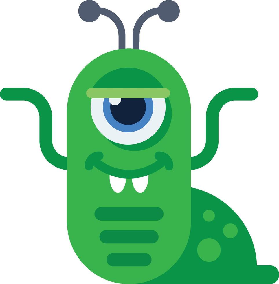 Cartoon illustration of a one eyed green monster waving and smiling, featuring antennas, teeth, and a playful expression, perfect for children's designs vector