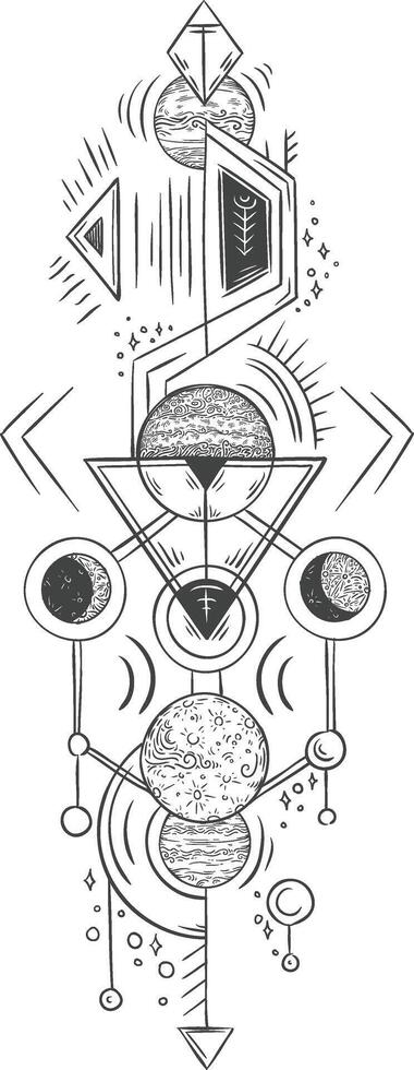 Geometrical drawing representing planets and moons with esoteric and mystical symbols creating an elegant and symmetrical composition vector