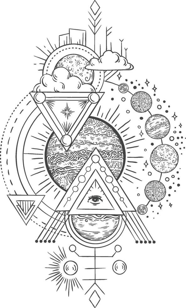 Planets, sun, moon, and eye of providence are merging with alchemic symbols, geometric shapes, and esoteric signs, creating a fascinating monochrome artwork vector