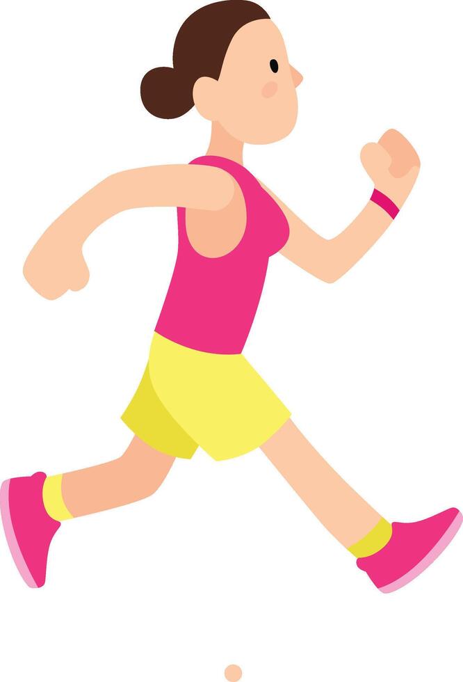 Young woman running wearing pink and yellow sportswear, promoting healthy lifestyle, fitness, and wellbeing through physical activity vector