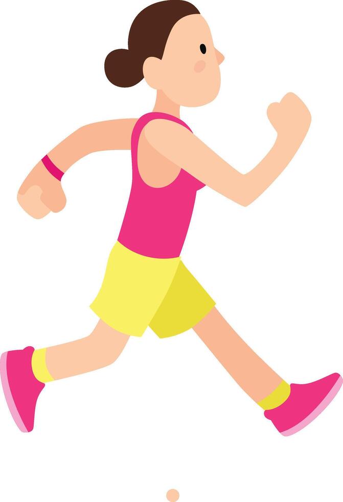 Woman in pink top and yellow shorts joyfully running outdoors, promoting fitness and a healthy lifestyle with dynamic movement and confident expression vector