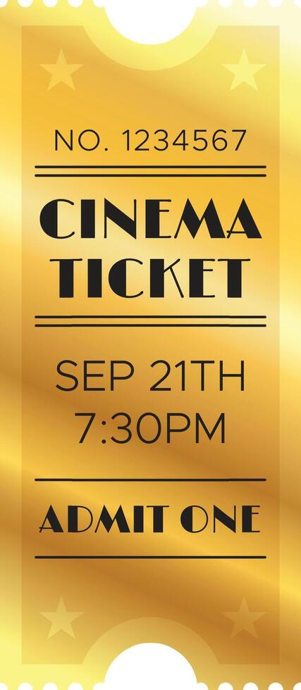 Golden cinema ticket for a movie or film screening on september 21th at 7,30 pm, admitting one person, offering a nostalgic and luxurious experience vector