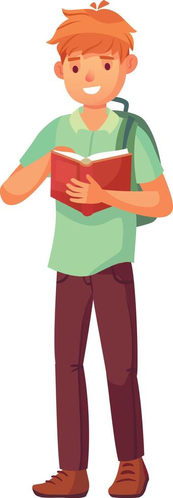 Cheerful student with a backpack is engrossed in reading a textbook, acquiring knowledge and preparing for academic success vector
