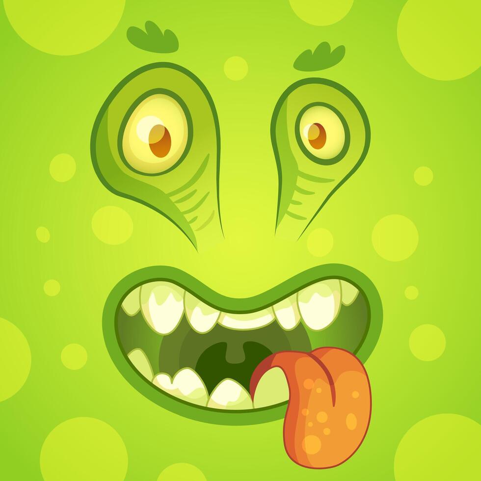 Funny cartoon illustration of a slimy green monster with big eyes and mouth open showing teeth and sticking out its tongue vector