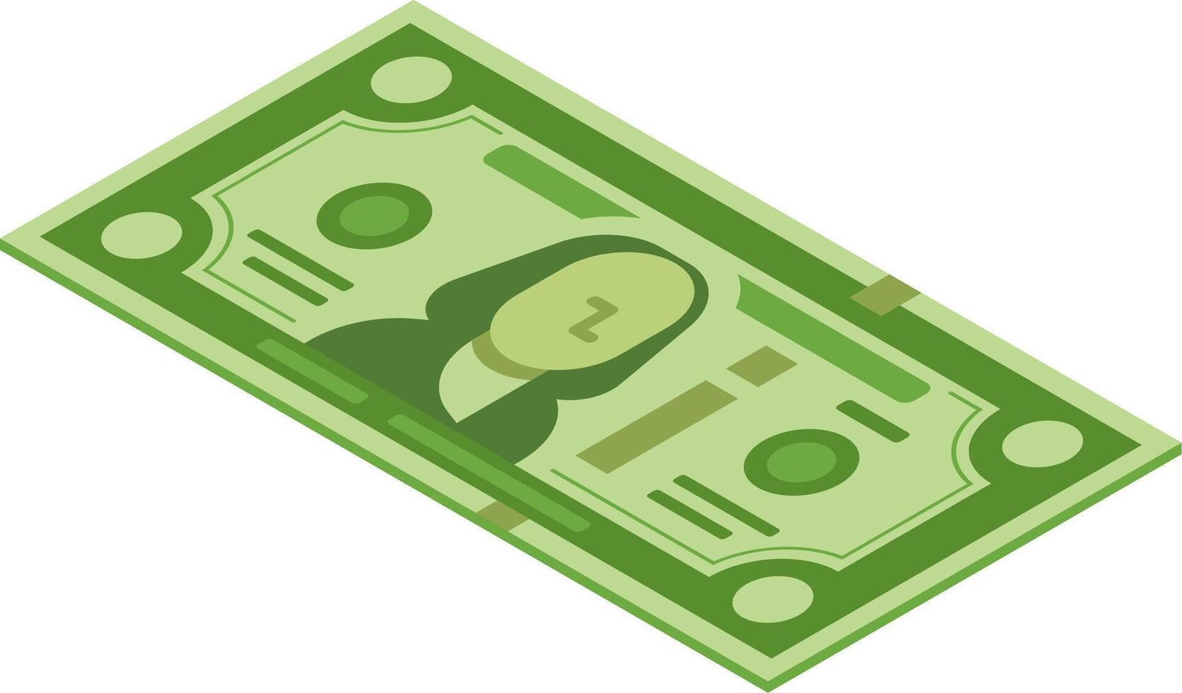 Green banknote lying on a white background, featuring security elements and a portrait, representing american currency in an isometric perspective vector