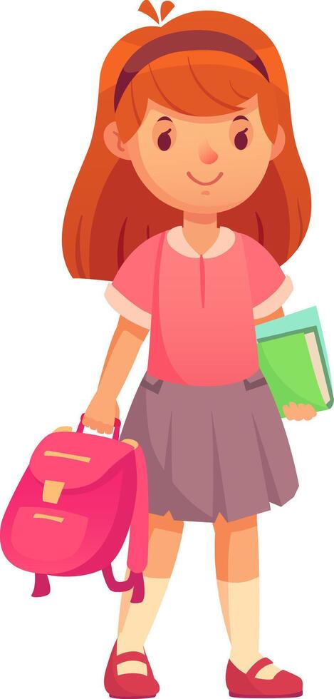 Excited schoolgirl with pink backpack and book, ready to learn and grow in knowledge. Smiling brightly in uniform with red hair, skirt, shoes, socks, and headband vector