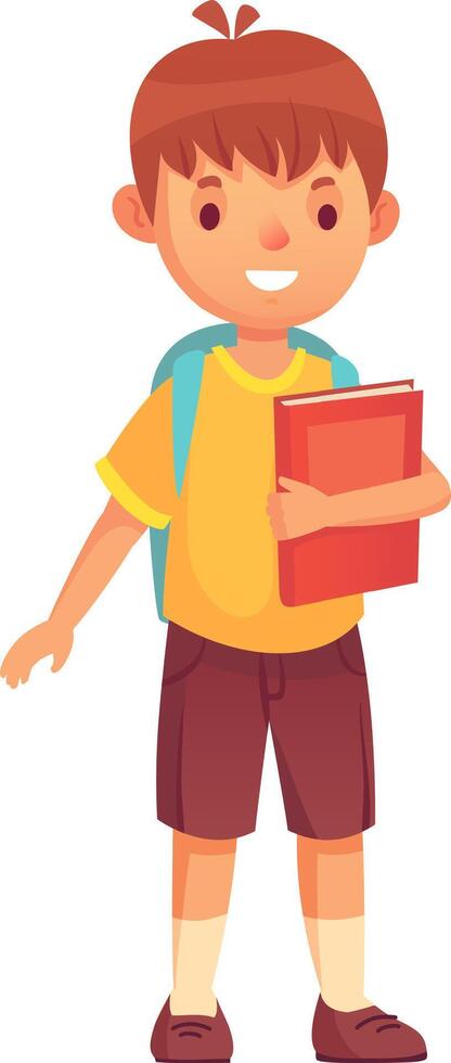 Happy elementary school student carrying book and wearing backpack going to school, education and back to school concept vector