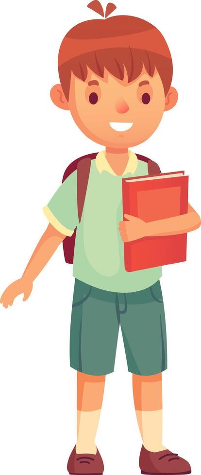 Cheerful schoolboy holding a book and wearing a backpack is ready for his first day of school, eager to learn and make new friends vector