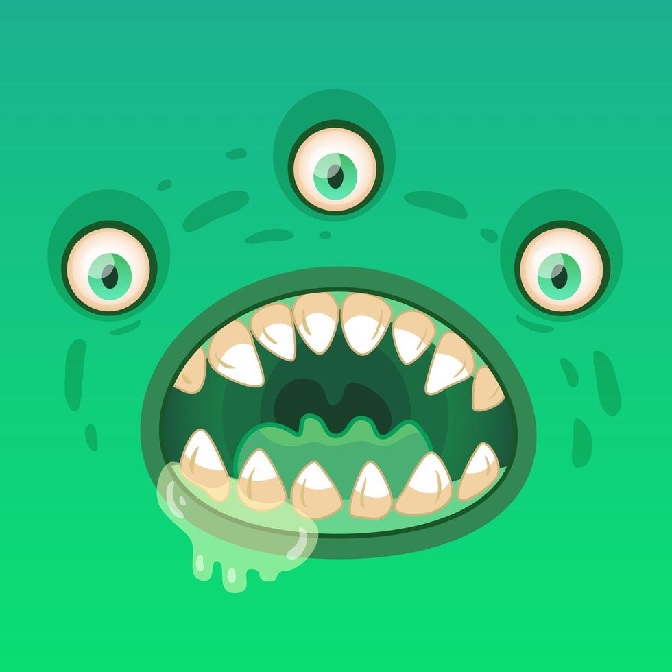 Scary green monster with three eyes, drooling and baring its teeth, perfect for halloween projects. Designed in a fun cartoon style, ideal for various design projects, vibrant and colorful vector