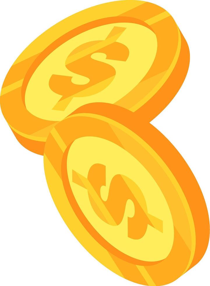 Two gold coins with dollar sign are rotating, creating a dynamic visual representation of finance, currency, and economic concepts in isometric perspective vector