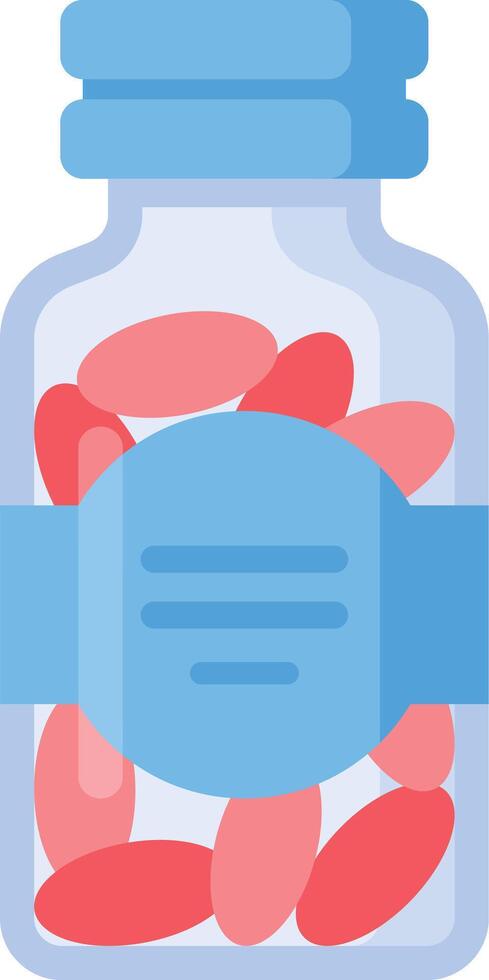 Glass medicine bottle containing pink oval pills with blue label, representing healthcare, pharmaceuticals, and medical treatment vector
