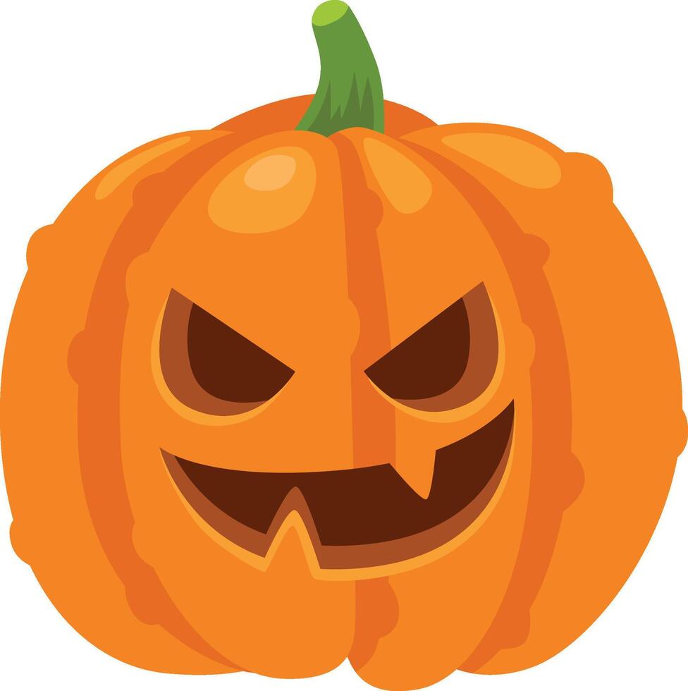 Orange halloween pumpkin with a scary face, sharp teeth, and glowing eyes celebrates autumn, capturing the spooky spirit of october vector