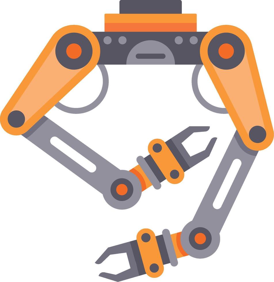 Two robotic arms, featuring orange and gray components, are positioned against a white backdrop, poised for an industrial task, symbolizing automation in manufacturing vector