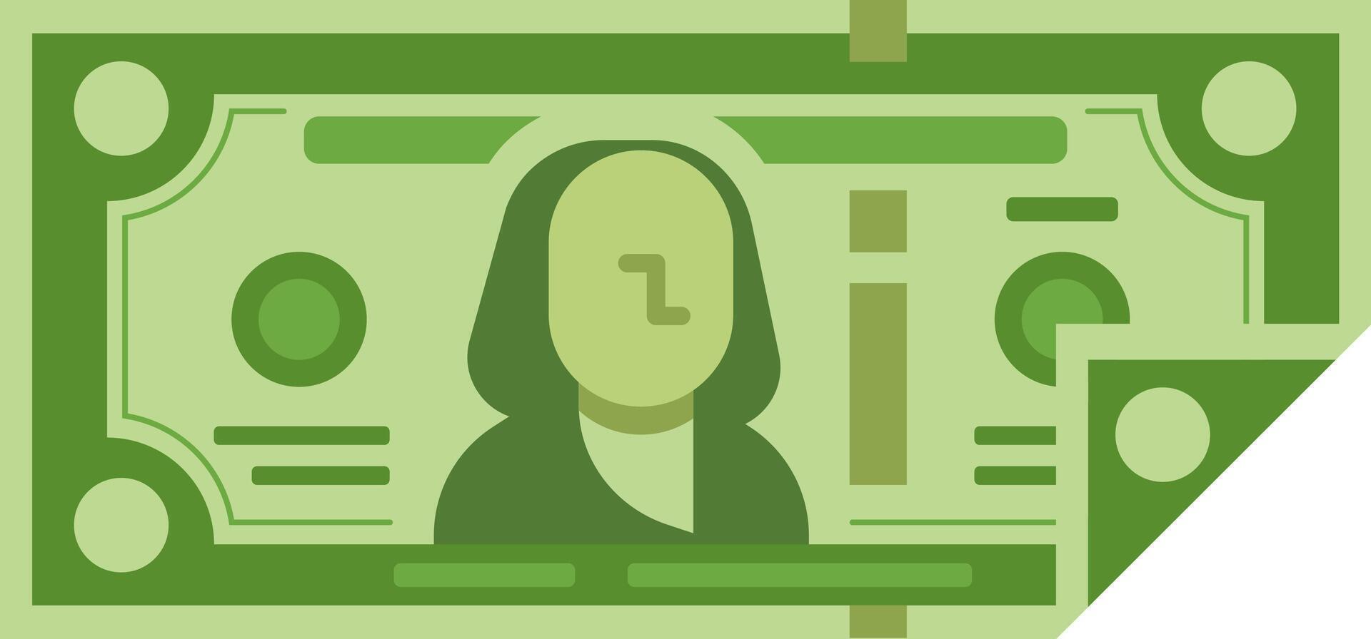 Close up of a stylized green banknote, folded at a corner, showcasing a simplified portrait, symbolizing monetary transactions and economic concepts vector