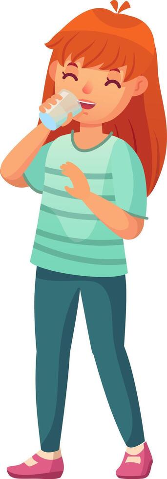 Redhead girl with striped t shirt and leggings is drinking water from a glass, standing with closed eyes and smiling, isolated on white background vector