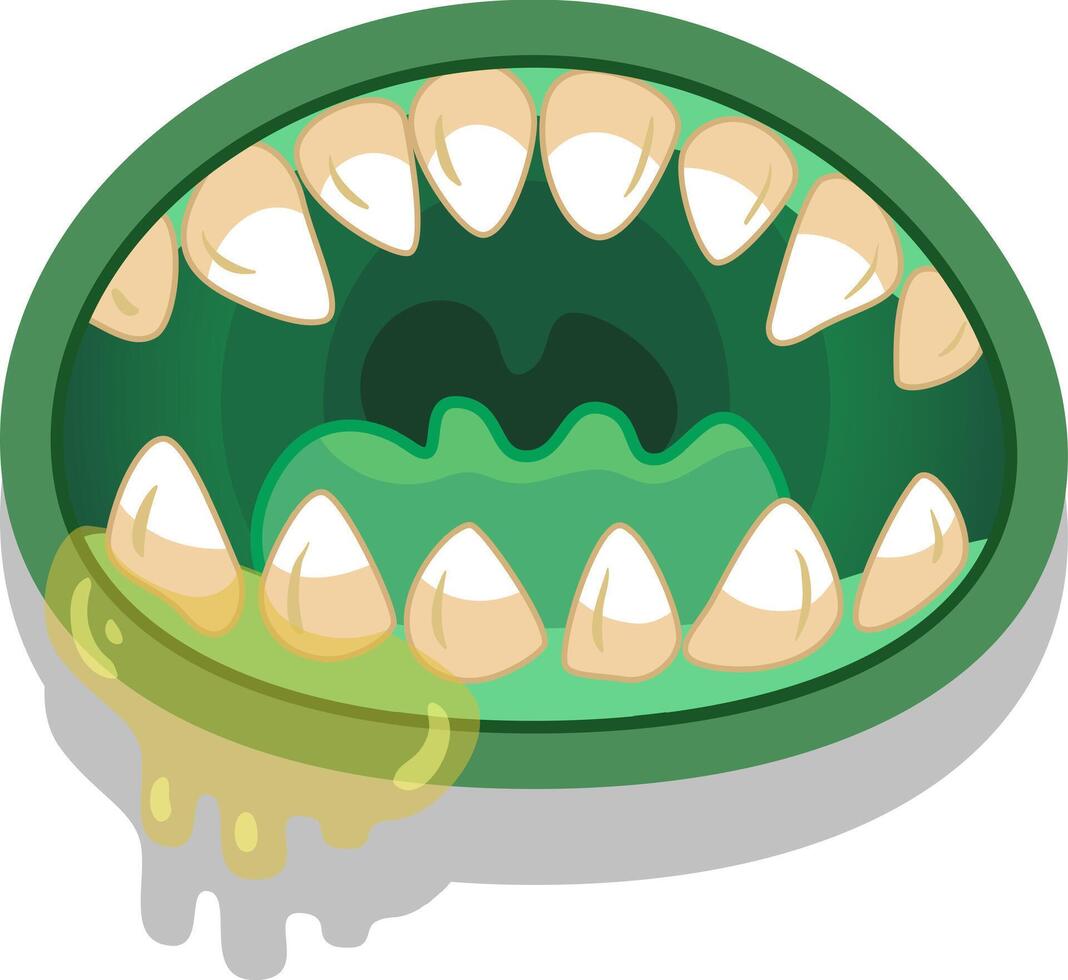 Cartoon illustration of a scary green monster mouth with sharp teeth and dripping slime, perfect for halloween or spooky themes vector