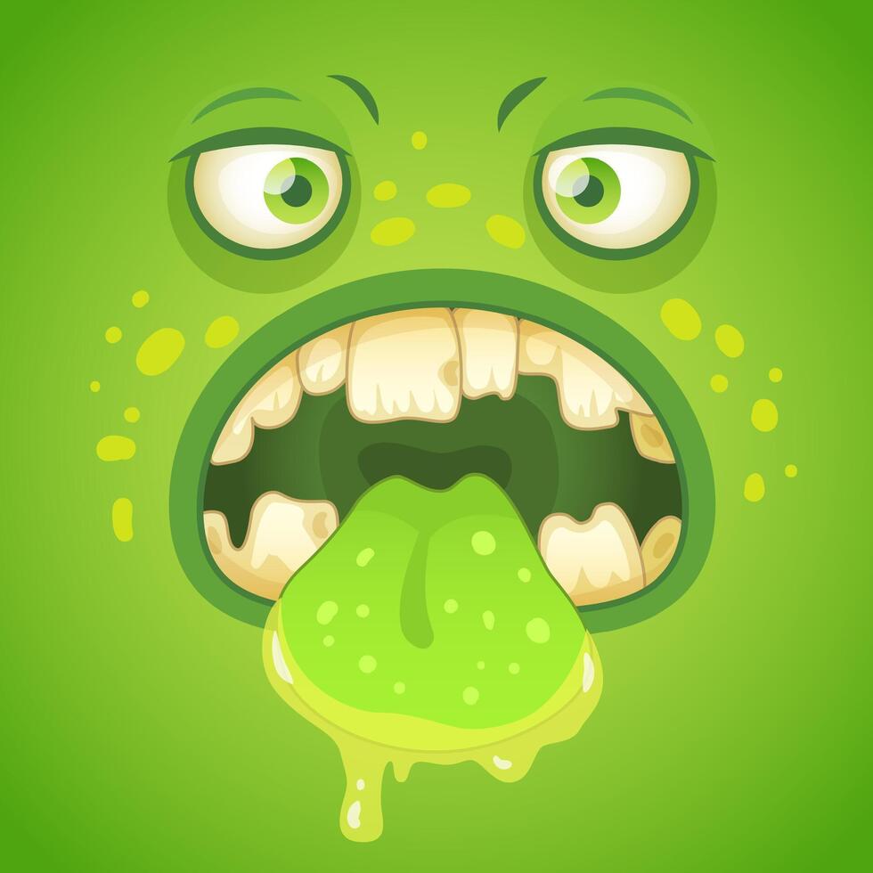 Funny monster face with a big green tongue and teeth, both scary and humorous, perfect for halloween or fantasy designs. Vibrant colors and playful design for greeting cards, posters, or t shirts vector