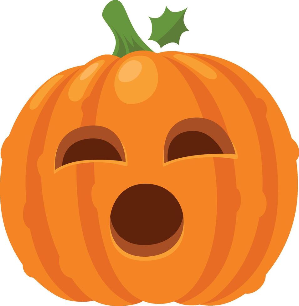 Orange halloween pumpkin showing an open mouth and closed eyes, with a surprised expression and a green stem and leaf on a white background vector