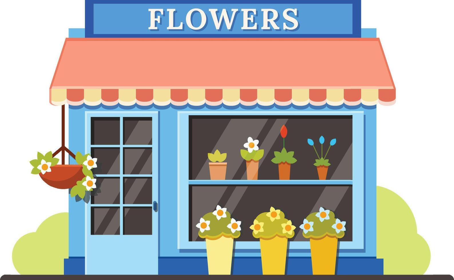 Small business flower shop selling colorful blooming plants in pots displayed on shelves and on the sidewalk, hanging basket with flowers, illustration vector