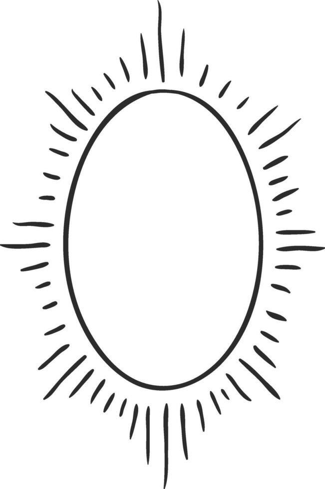 Hand drawn oval frame with sun rays, perfect for design projects. Retro black and white style, versatile for fashion, wedding, and more vector