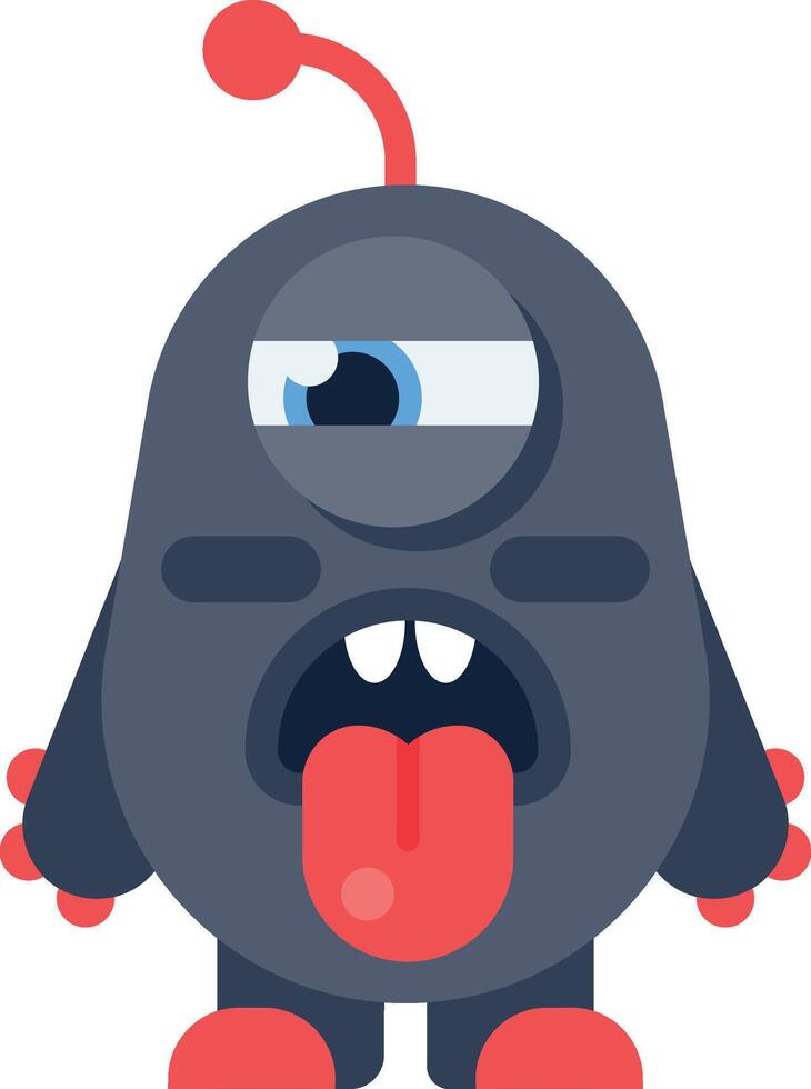 Playful grey alien cartoon sticking out tongue with red antenna, eye, hands, and feet. Ideal for kids' projects, games, or books vector