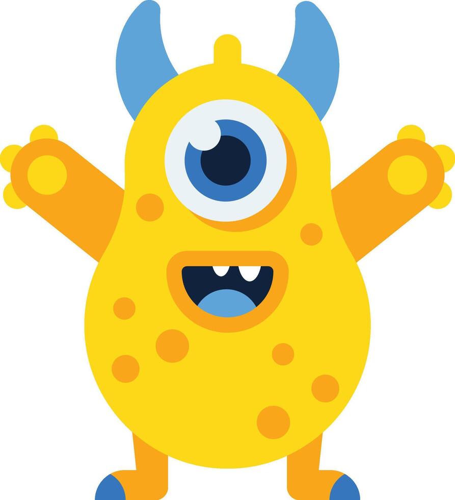 Cartoon illustration of a cheerful yellow monster with a single large eye, blue horns, and open arms, conveying a sense of fun and friendliness vector