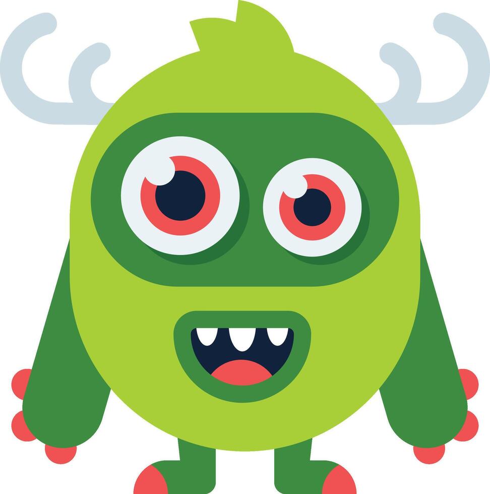 Cartoon green monster character smiling and showing teeth with large red eyes and antlers, suitable for children's illustrations or fantasy projects vector