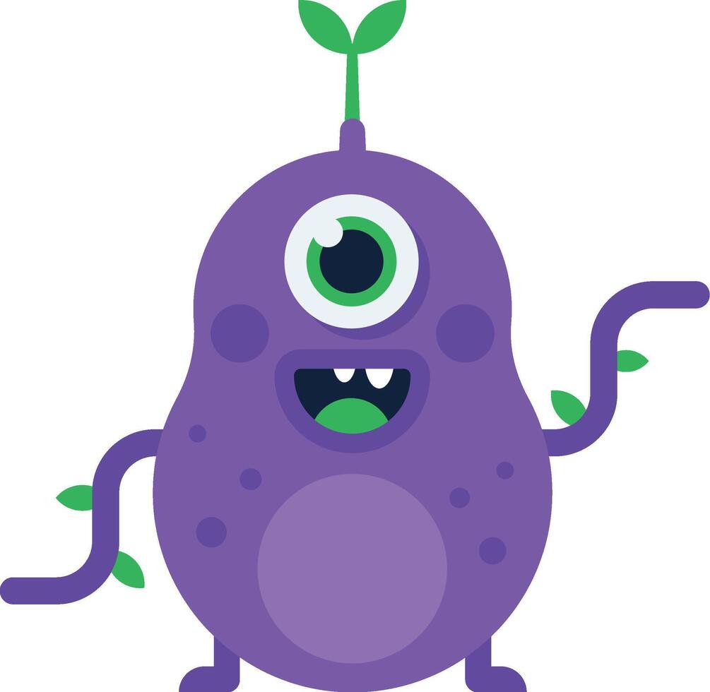 Friendly one eyed purple monster with green sprout on head and arm, smiling and pointing to the right side, isolated on white background vector