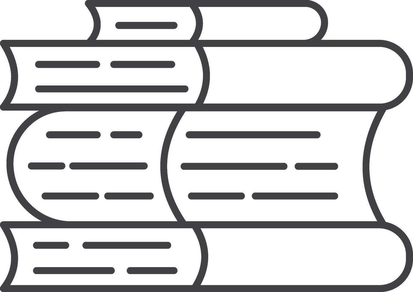 Simple line drawing of four books stacked, with the middle book open, showing text, representing learning, studying, and reading vector