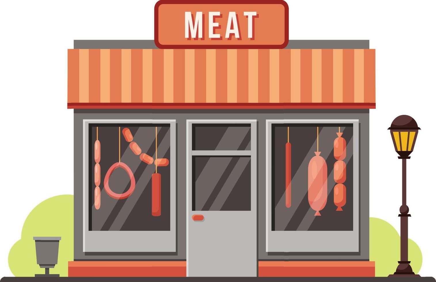 Colorful illustration of a meat shop building facade with various sausages hanging in the showcase and a street lamp on the sidewalk vector